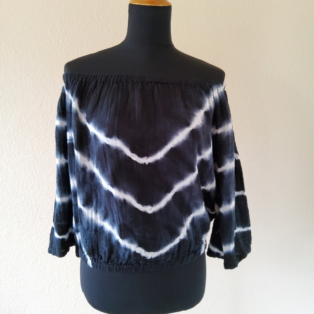 Michael Stars Isabel Gauze Black Tie Dye Off Shoulder Crop Top Size M